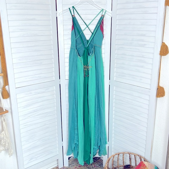 Free People l Teal Blue Bohemian Scarf Maxi Dress Music Festiva Whimsical Small - Picture 5 of 10